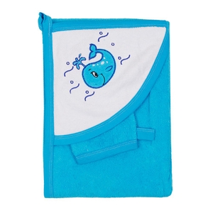 Полотенце-уголок махровое КАРАПУЗ, с вышивкой и рукавичкой,  90*100 Голубой